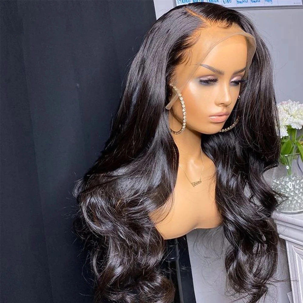 

26Inch Black 1B Color Body Wave Synthetic Lace Front Wig For Women With Baby Hair Heat Resistant Fiber Daily Wigs 180%Density