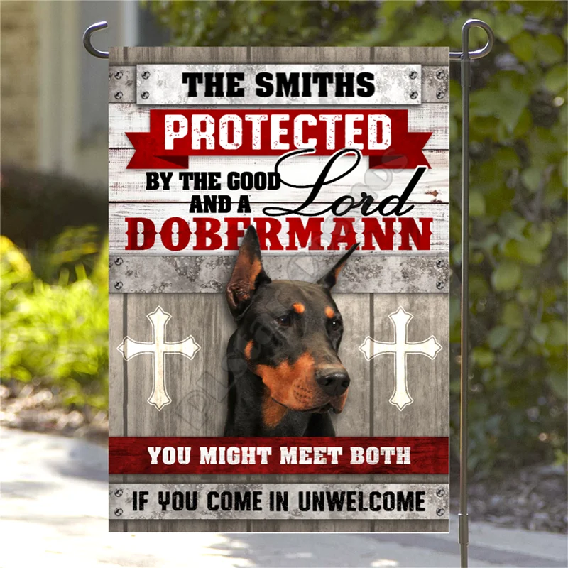 

Personalized Protected By Lord and a Dobermann Garden Flag 3D Printed Garden Flags House Flags Decoration Double-sided Printing