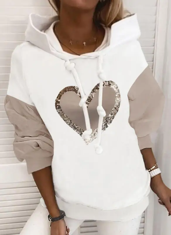 

Ladies Sequins Love Heart Printed Long-sleeved Hooded Sweatshirt Warm Hoodie Casual Winter Hoodies
