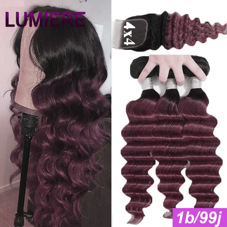 Ombre Loose Deep Wave Bundles with Closure Peruvian Hair Frontal Remy 100% Human Clousure Lumiere | Шиньоны и парики