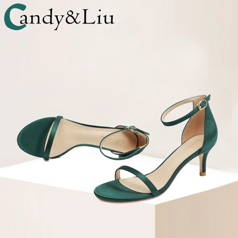 

One Word with Open-toed Sandals Women 2023 Summer New Sexy Temperament Ink Green Satin Banquet Heeled Heels