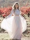 Белый кружевной топ, бледно-розовая фатиновая юбка, свадебные платья в стиле бохо, 2 предмета, с длинным рукавом, богемные свадебные платья, для сада, Vestido De Noiva