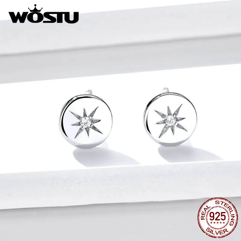 WOSTU, натуральная 925 пробы, серебряные солнечные круглые серьги-гвоздики для женщин, свадебные маленькие серьги, модные серебряные ювелирные изделия CQE734