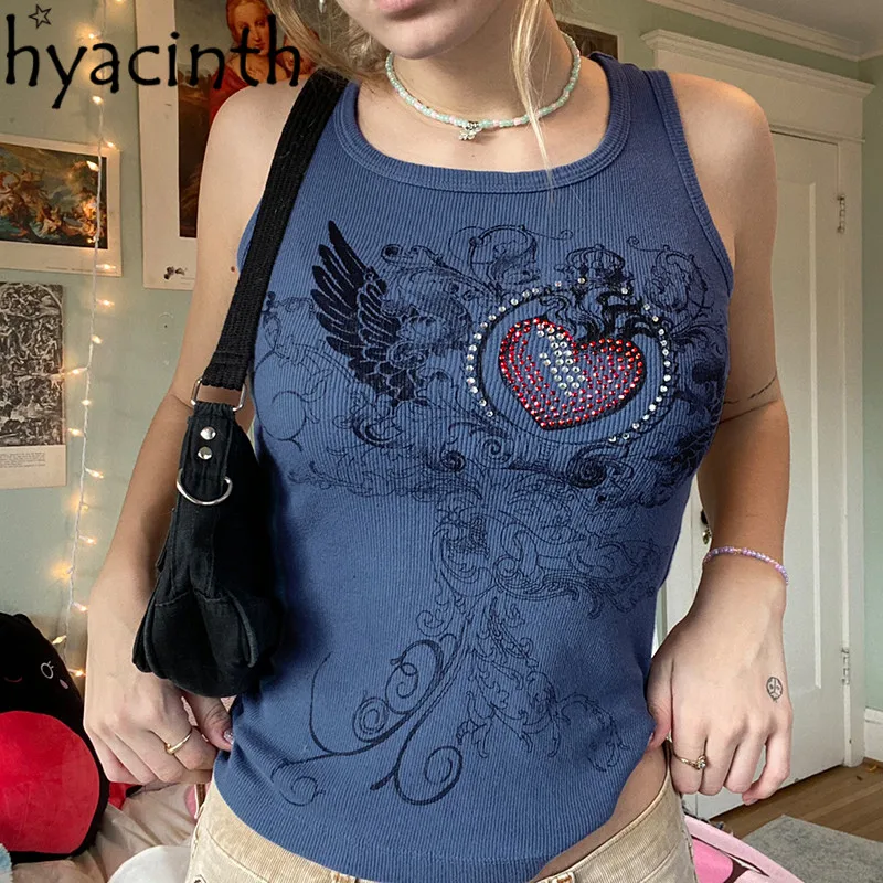 

Autumn Ladies Slim Camisole Summer Girls Creative Plant Printing Rhinestone Decoration Round Collar Sleeveless Tops Base Shirt