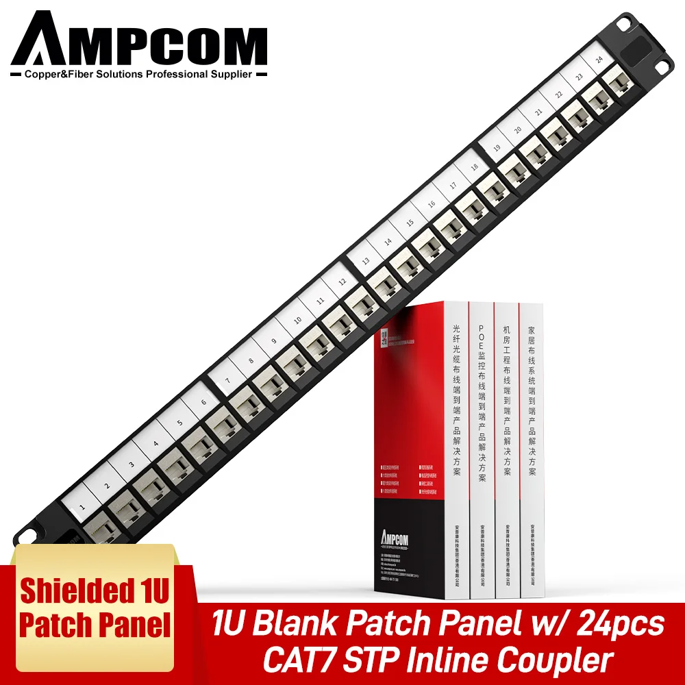 

AMPCOM (UL Listed) 24 Port RJ45 Shielded Through Coupler Patch Panel with Back Bar, Rack Mount 1U, 19 inch, CAT6/CAT7 STP Module