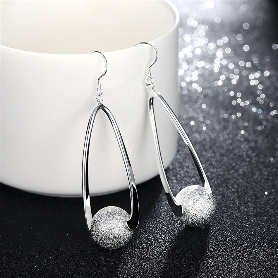 

925 Sterling Silver Frosted Beads Round Sweet Drop Earrings for Women's Wedding and Engagement Exquisite Jewelry Gifts