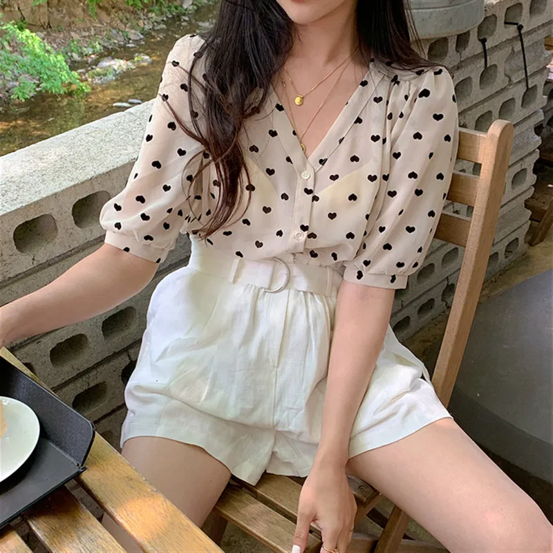 Microtops estampados de cintura alta para mujer, pantalones cortos blancos, camisa de primavera, tops informales, Blusa de gasa de manga corta