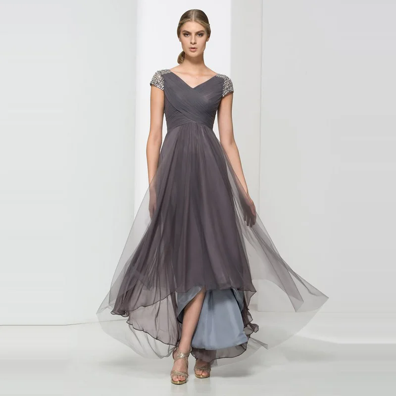 

Simple Mother of The Bride Dress V-neck Short Sleeves Tulle Wedding Party Gowns Sequins High Low Mother Dresses for Wedding