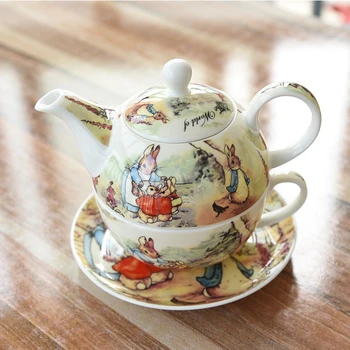 English Bone China Coffee Cup Saucer Pot Set Ceramic Afternoon TeaTeacup Cartoon Rabbit Teapot Coffeeware Drinkware