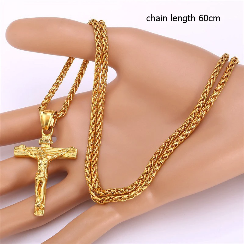 

Luxury Gold Cross Chain Necklace Male Hip Hop Cool Accessory Fashion Titanium Christian Jesus Cross Pendant Necklaces Gifts