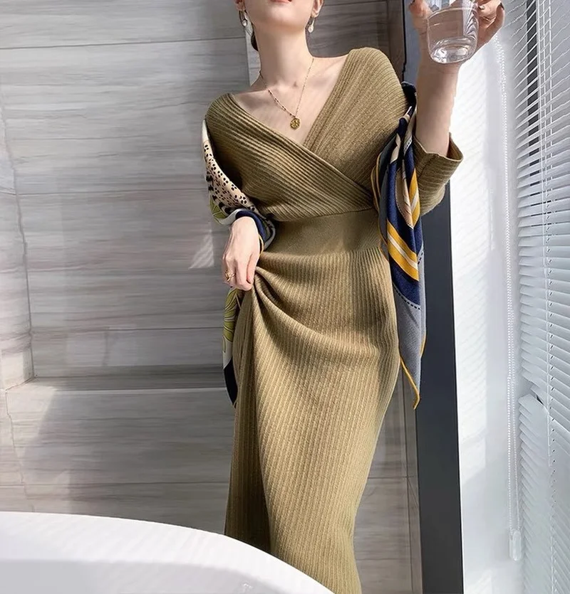

Women Knitted Dress V Neck Long Sleeve Elastic Slim Elegant Sweater Dresses Autumn Winter Korean Chic Knittwear Maxi L578
