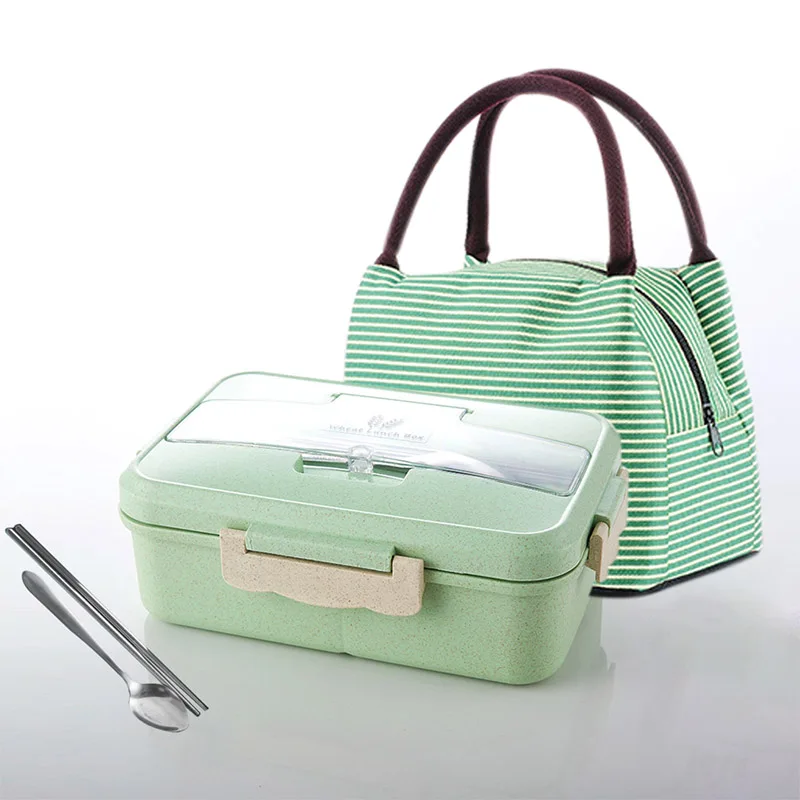 A Green and bag MICCK портативная коробка для бенто для детей Герметичный пищевой контейнер ланчбокс для пикника Пшеничная солома пищевой контейнер кухонный аксессуары - Цвет: A Green and bag