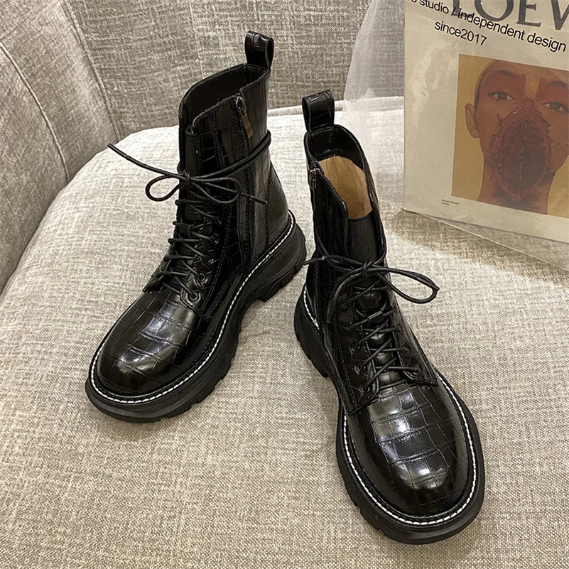 

Meotina Real Leather Platform Flats Motorcycle Boots Women Ankle Boots Shoes Lace Up Zipper Short Boots Ladies Autumn Winter 40