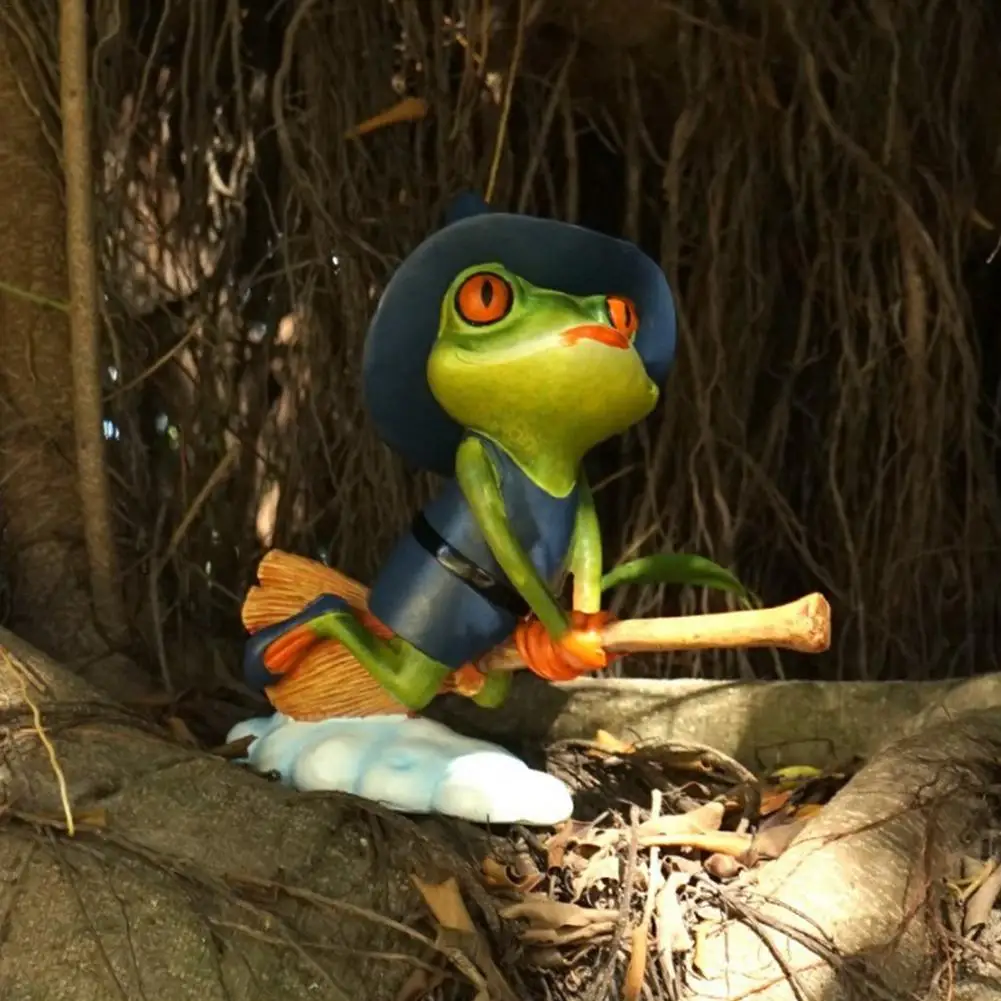 

3D Magic Frog Figurine Outdoor Garden Sculptures Funny Cute Frog Prince Riding On Broom Statue For Interior Home Decor Ornaments