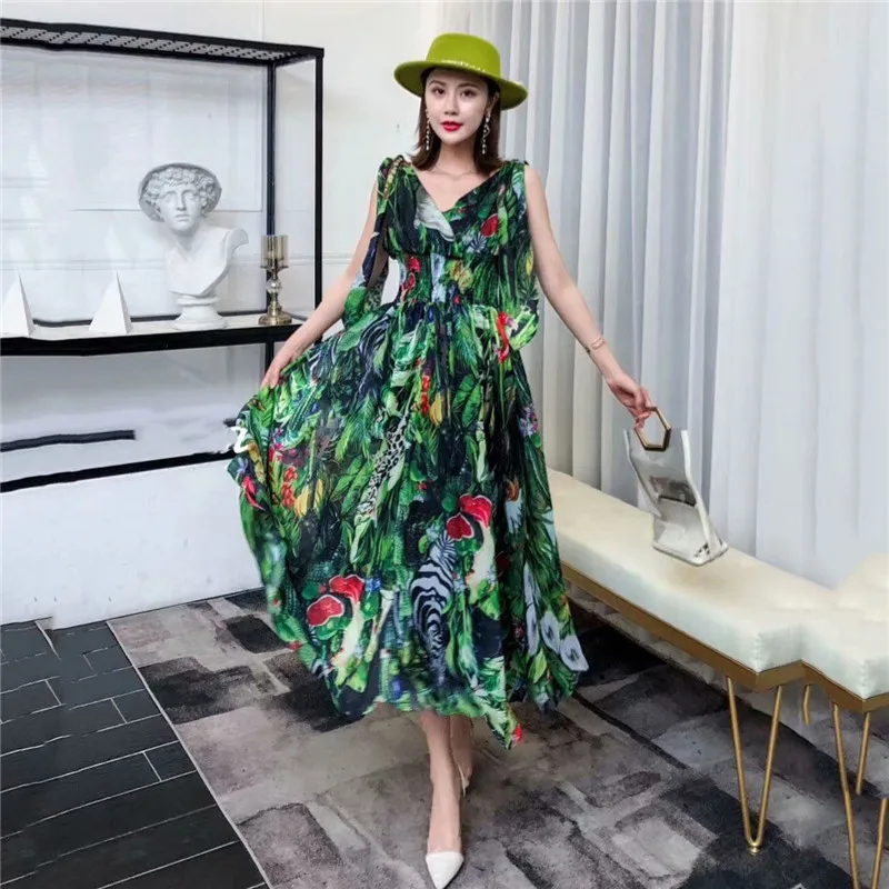 Женское длинное платье в стиле бохо модельное Зеленое Шифоновое Платье макси с