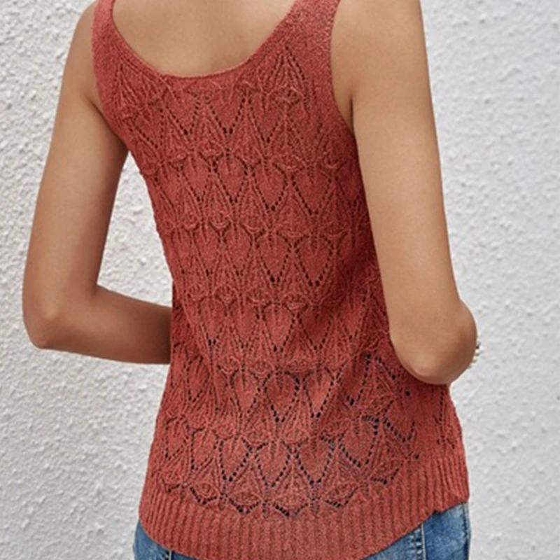 

Women Summer Sleeveless Scoop Neck Tank Top Sexy Hollow Out Crochet Knitted Slim Shirts Solid Color See-Through Sweater Vest