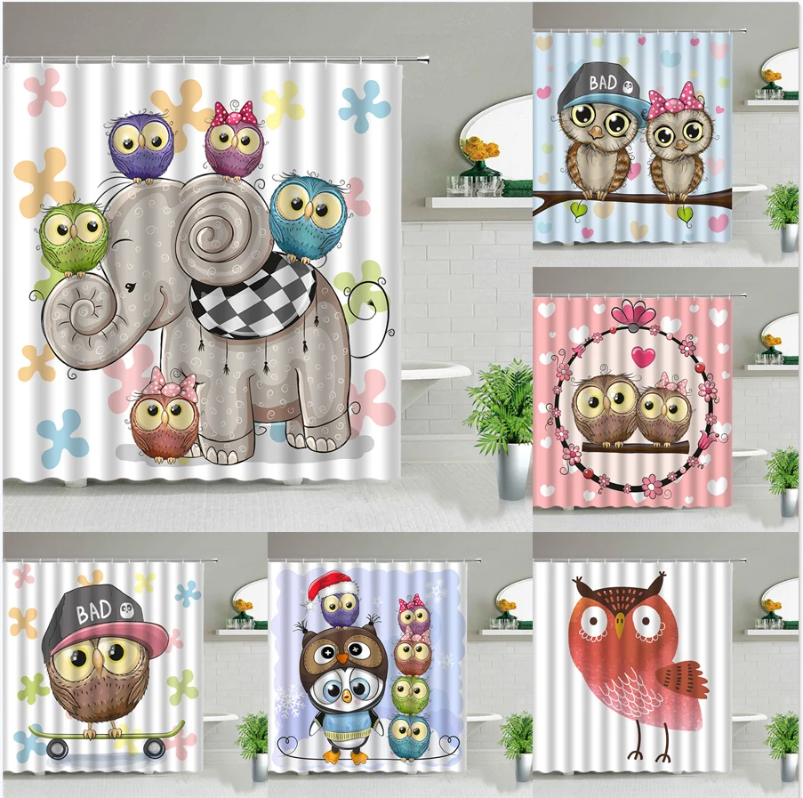 

Creativity Cartoon Elephant Owl Shower Curtains Cute Animal Kids Bathroom Decor Home Bath Bathtub Waterproof Hanging Curtain Set