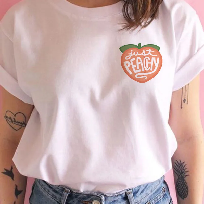 Корейские футболки 90s персиковый принт Эстетическая гранж футболка Женская Harajuku
