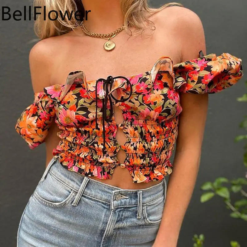 

Floral Blusas Mujer De Moda 2021 Verano Elegantes Puff Sleeve Square Collar Print Chiffon Pullover Casual Shirts Ruffle Top
