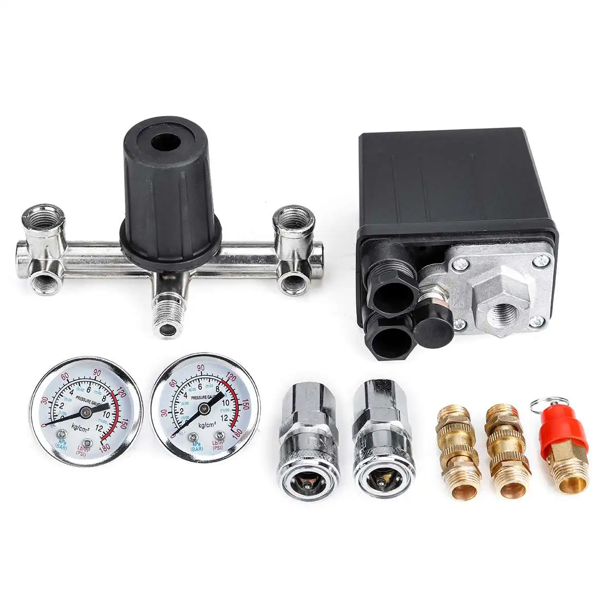 

Air Compressor Pump Pressure Valve Switch Adjustable Air Flow 220V Manifold Relief Regulator 90-120 PSI Control Valve with Gauge