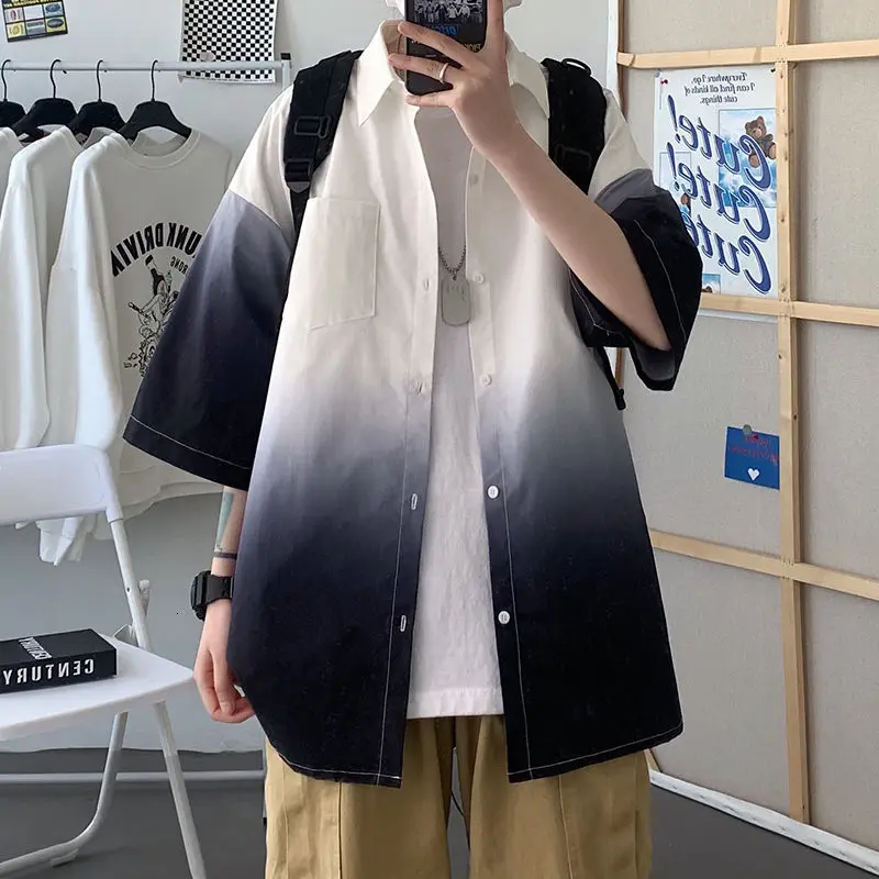 Summer Short-sleeved Shirt Men's Fashion Retro Gradient Shirt Men Streetwear Korean Loose Casual Shirts Mens Dress Shirt M-3XL