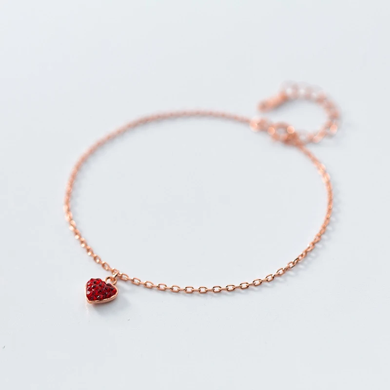 Женский браслет из серебра 100% пробы с красным сердцем и розой|Гибкие жесткие