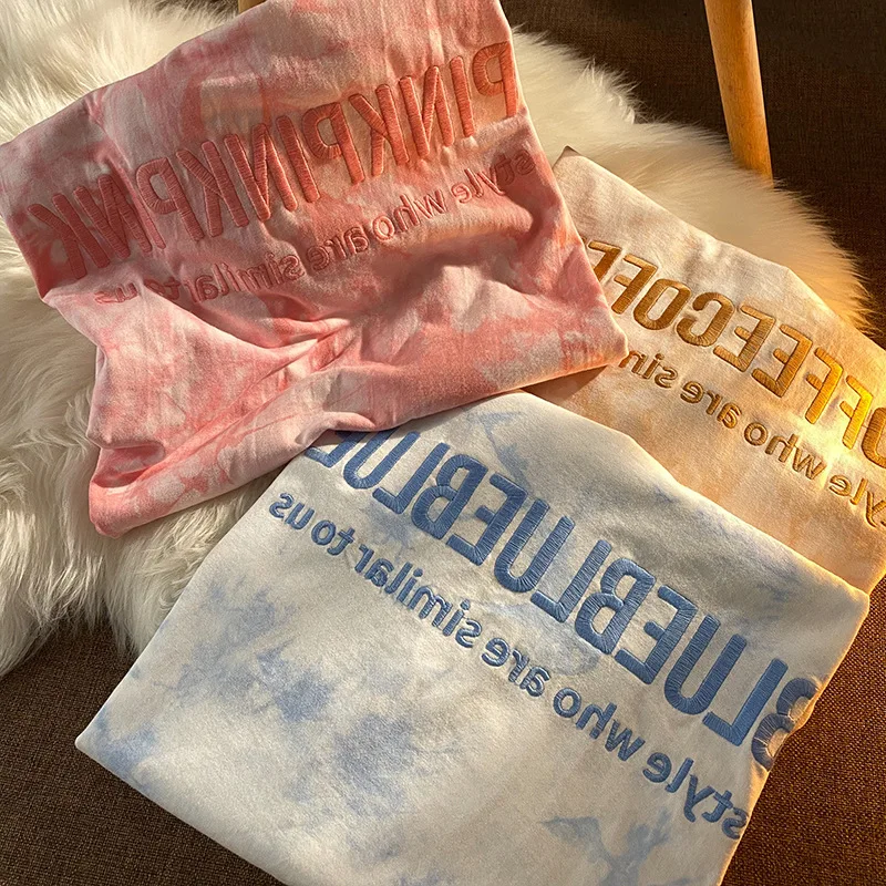 

Woman Tshirts Tie Dye Cotton T-shirt Short Letter Embroidery Casual Fashion Summer Loose Top Dress for Girls Female 2021 Hot