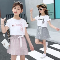 pink gray 11 12 year baby girls summer print short sleeve korean skirt suit pure cotton plaid fashion cute beautiful clothing