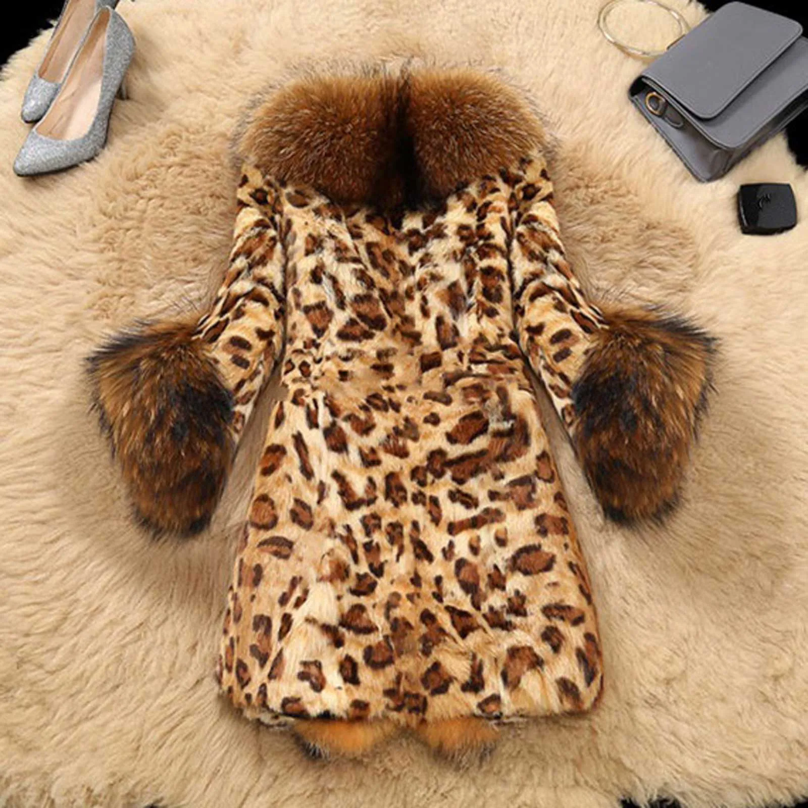 

2020 Women Faux Furs Collar Classic Leopard Medium Long Winter Coat Jacket Plush Coat Faux Fur Fluffy Fleece Hoodie Buttons