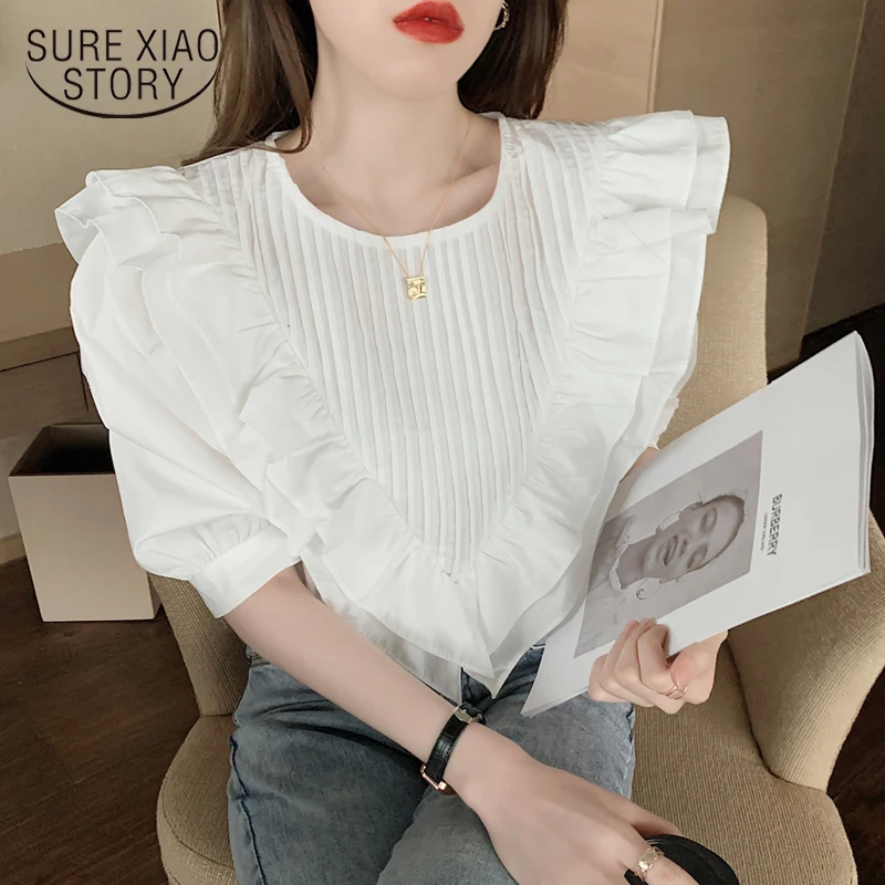 

Ruffled O-neck Cotton Shirt Fashion Female Retro Palace Style Slimming Blouse Solid White Sweet Puff Sleeve Women's Shirt 14062