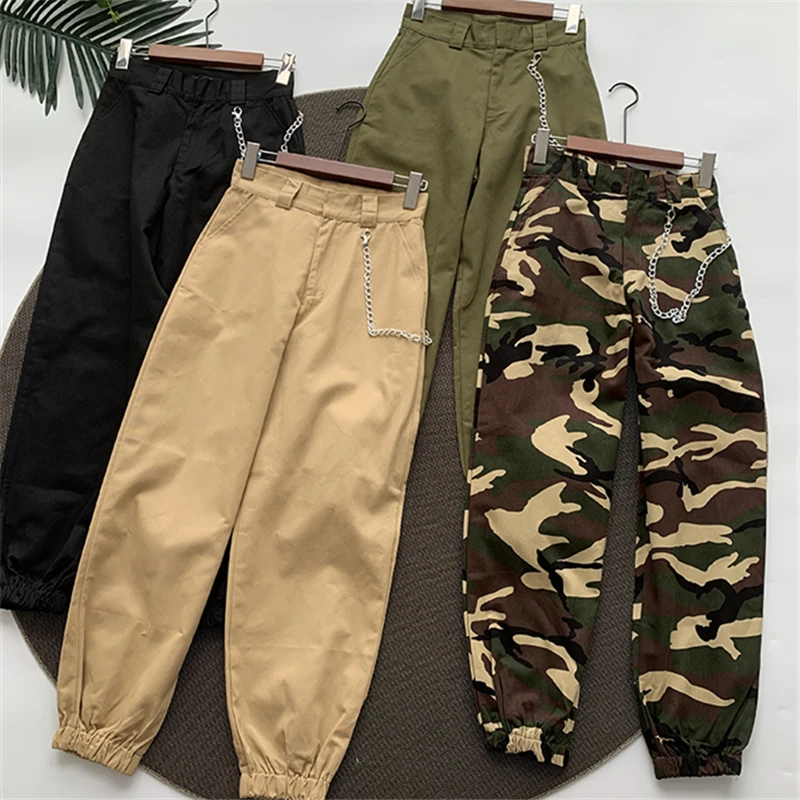 Высокая Талия Брюки карго Для женщин Джоггеры мужские камуфляжные штаны