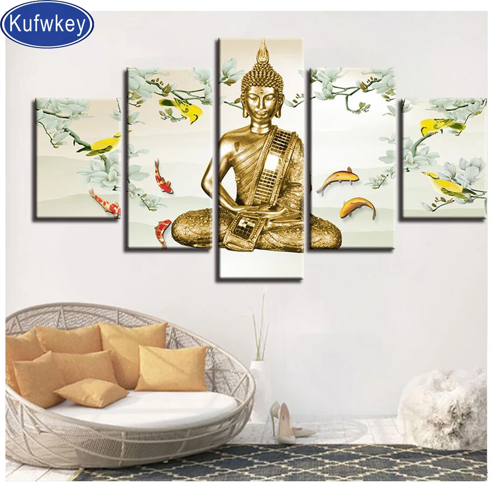 

Золотой Будда рыбы камни в форме ромба/круглый дрель 5d Сделай Сам алмазная живопись Вышивка 3D вышивка крестиком комплект 5 шт. набор домашни...