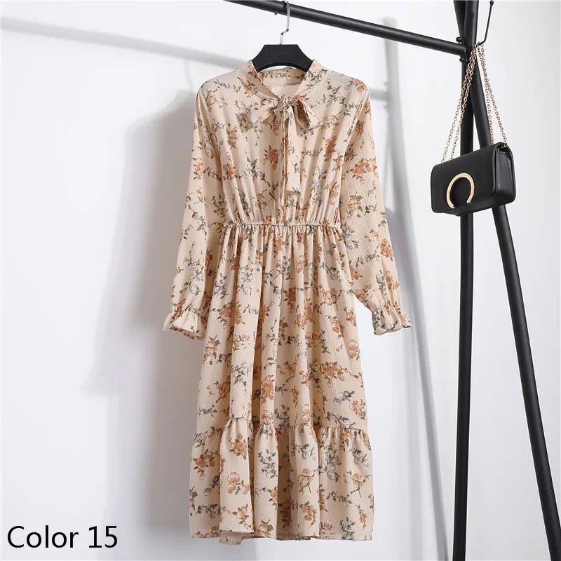 

Spring Autumn Print Dress Chiffon Vintage Long Sleeve Cute Female High Waist A-line Dress Fashion Women's
