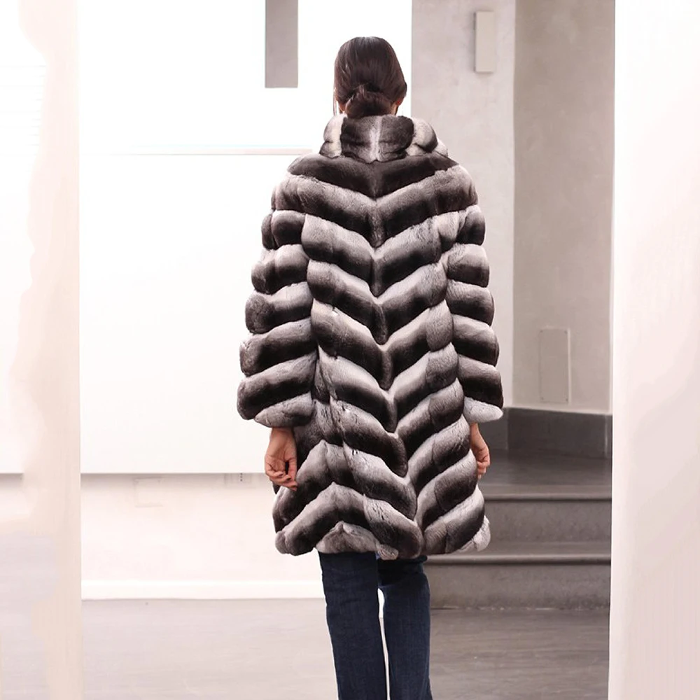 90cm Long Real Fur Coats Women Winter Chinchilla Color Natural Whole Skin Rex Rabbit Fur Coat Genuine 2022 Trendy Fur Overcoats