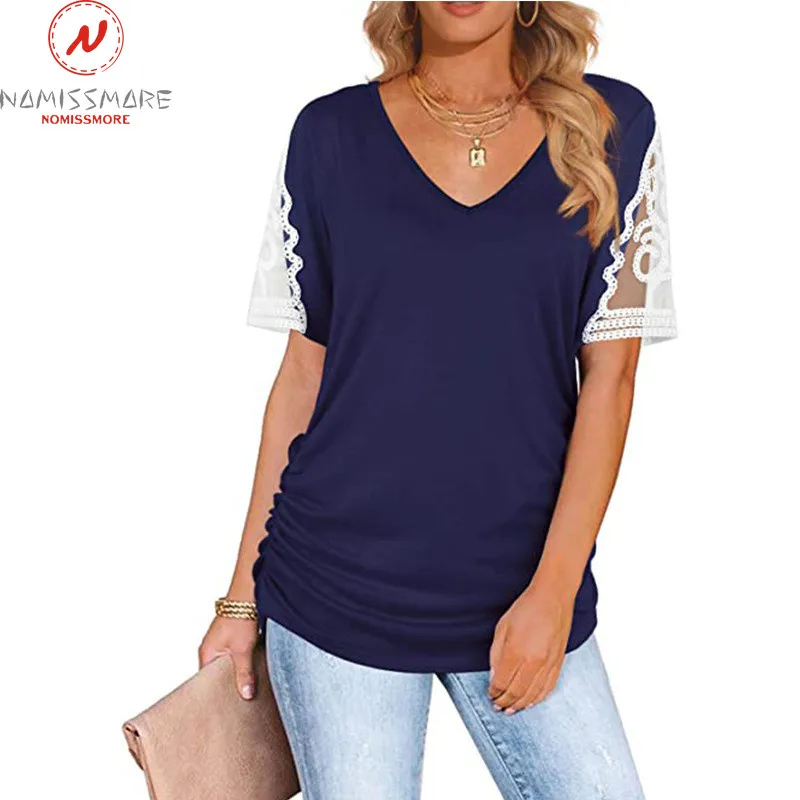 

Fashion Women Summer Solid Color T-Shirts Mesh Patchwork Design Lace Decor O-Neck Short Sleeve Casual Loose Pullovers Top