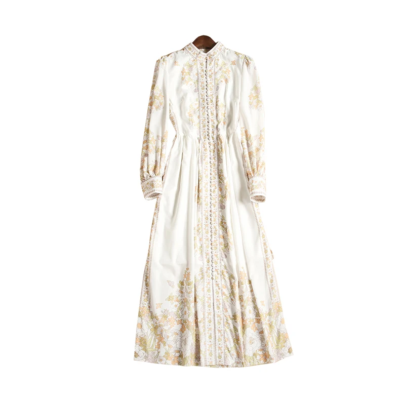 

JCHB 2021 celebrity temperament holiday long skirt autumn new stand collar Lantern Sleeve slim dress