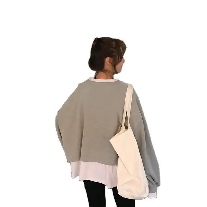 

2021 autumn dress loose and versatile design sense fashion fake two piece long sleeve T-shirt and sweater women's top fashion
