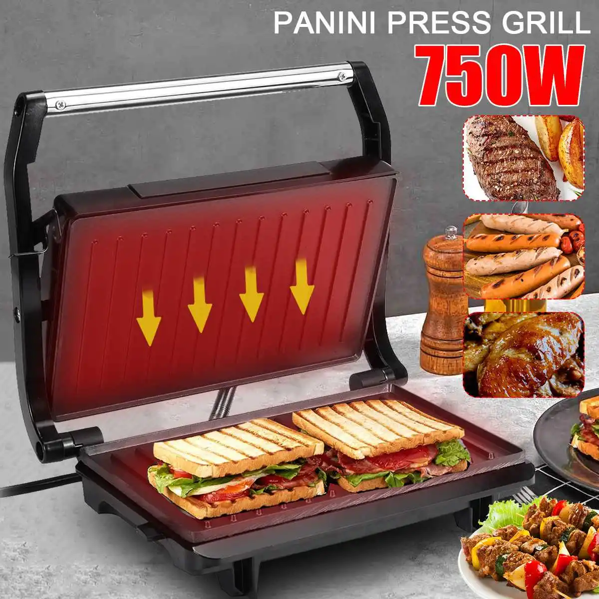 

Электрический мини-тостер, 750 Вт, 220 В, для приготовления жареных яиц, гамбургеров, панини, двойная антипригарная поверхность, гриль, тостер