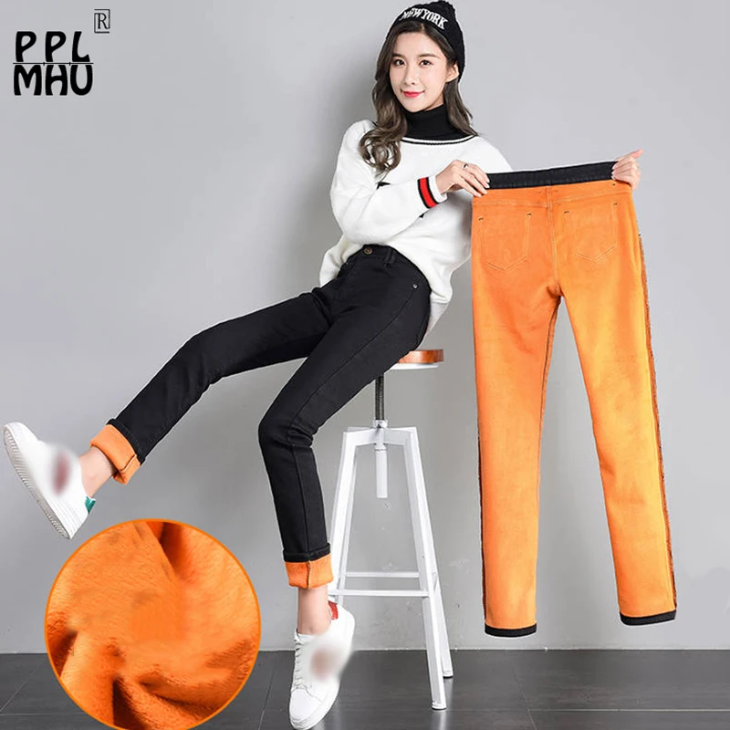 Зимние прямые женские джинсы из золотого флиса с высокой талией свободные внутри