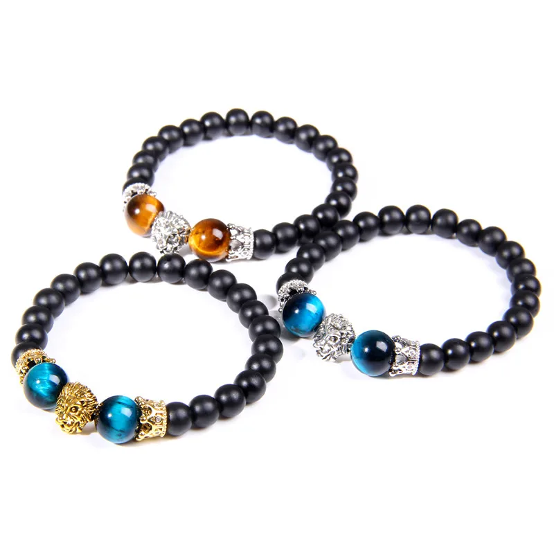 

Vintage Crown Lion Head Bracelet Men New Fashion Luxury Tiger Eye Stone Bead Bracelets for Women Christmas Jewelry Male Pulseira