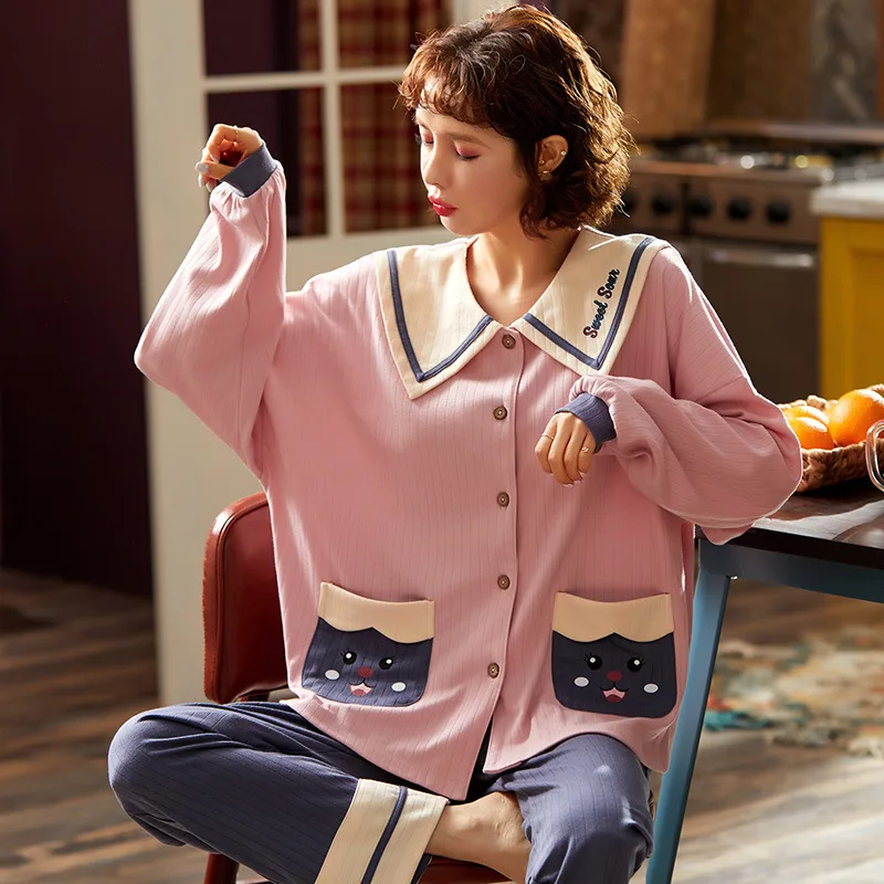 

Winter Warm Women Cotton Pajamas Loose Oversized Cardigan Pajamas Kawaii Sweet Wind Cats Pattern Doll Collar Outdoor Sleepwear