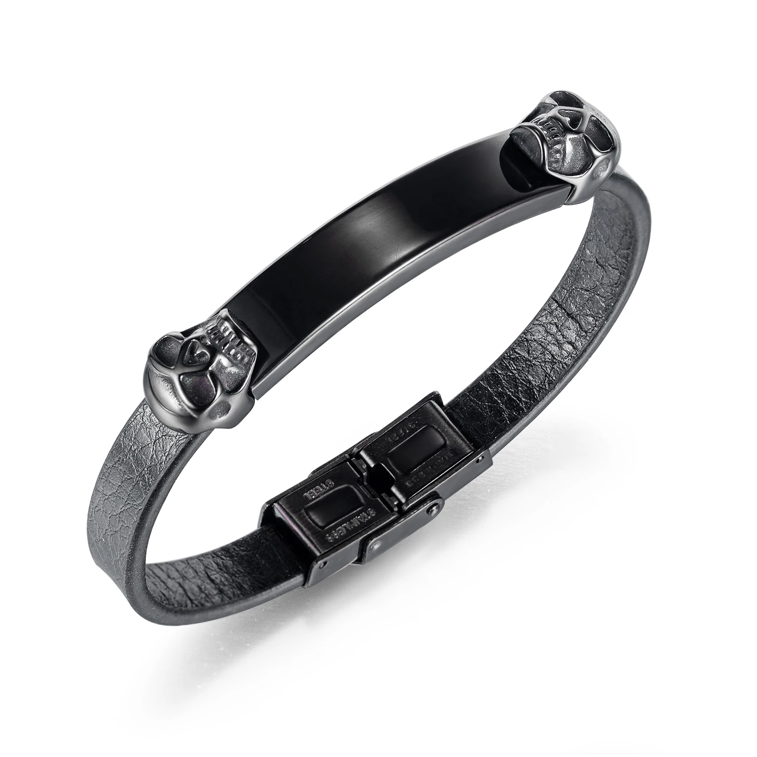 

OPK Men Leather Bracelet Bangle Skull Element Adjustable Black Steel Accessories 190mm 2020 New Fashion 1397