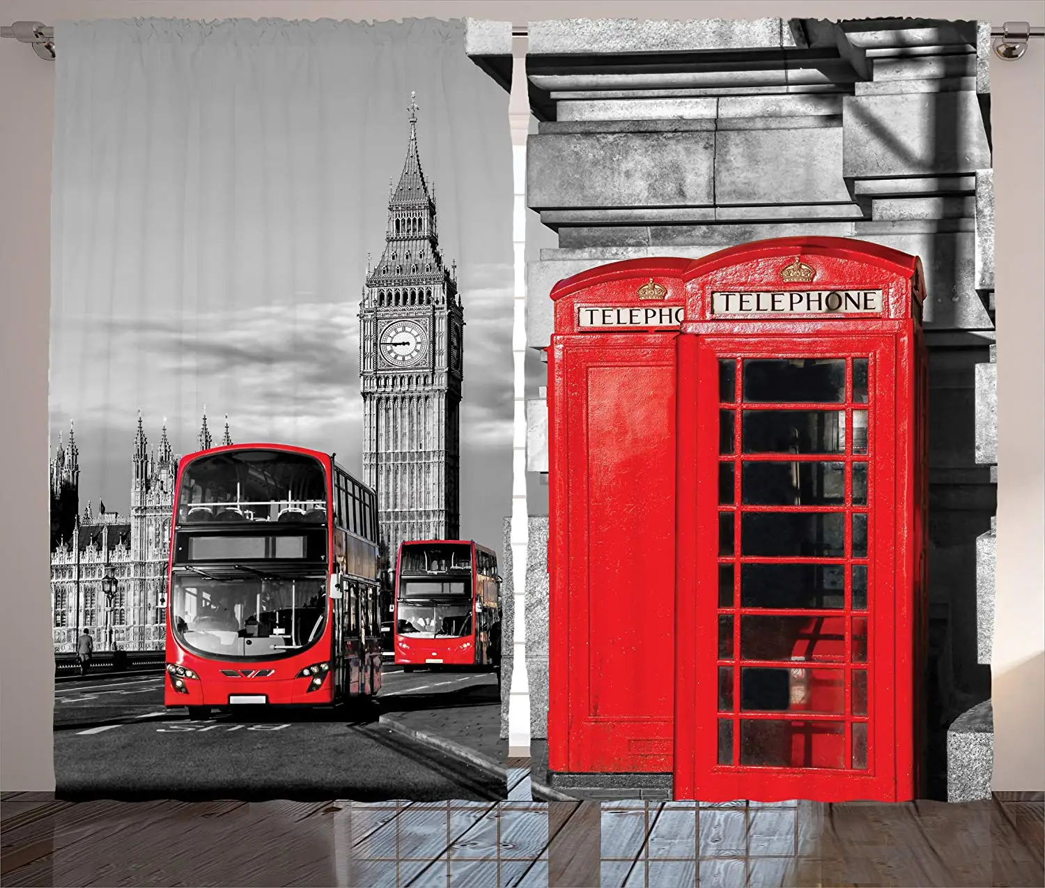 

London Curtains Telephone Booth in The Street Traditional Local Cultural Icon England UK Retro Living Room Bedroom Window Drapes