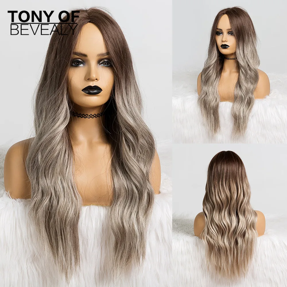 Длинные Волнистые Темно коричневые синтетические парики для чернокожих женщин