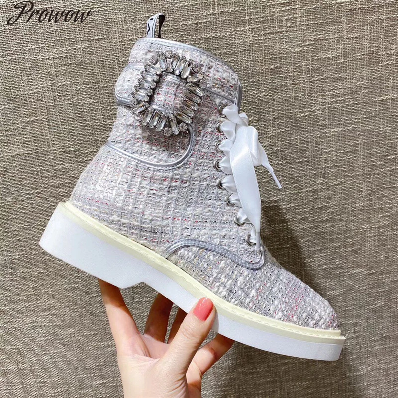 

Женские дизайнерские ботинки, белые ботинки из натуральной кожи на шнуровке с квадратными кристаллами и пряжкой, роскошная брендовая повсе...