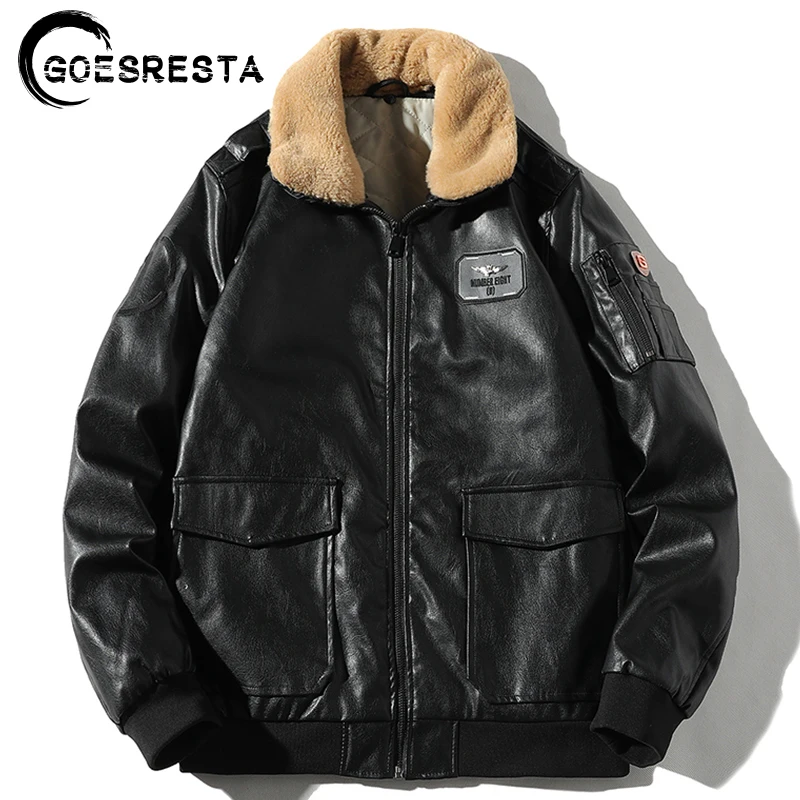 Мужская повседневная кожаная куртка с меховым воротником в байкерском стиле