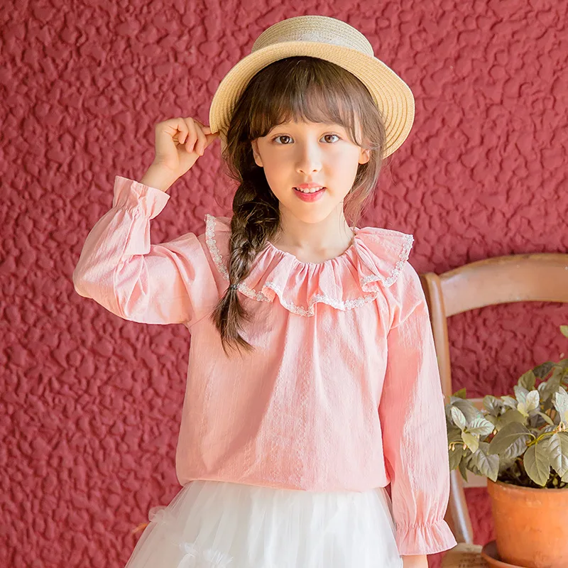 

Girls Pullover Long Sleeve Ruffle Blouse Cotton Lapel Collar Tops for Kids Tee Autumn Winter Baby Casual Bottoming T-Shirt