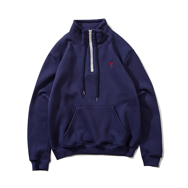 

2020 new French love thick style with fleecy shoulder vertical cut half zipper high collar lovers hoodie lounge wear