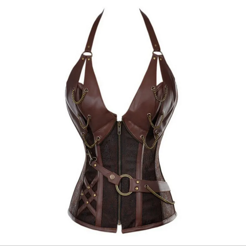 

Retro Bustiers Corsets 14 Steel Bone Steampunk Burlesque Black Brown Leather Halter Sexy Lingerie With Thong Leather Corset 6XL