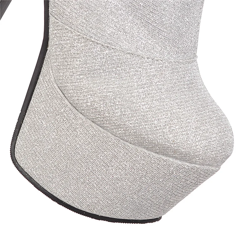 Ботильоны женские на платформе с блестками высоком каблуке 16 см серебристые